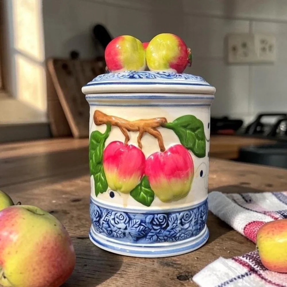 Kiln Fired Clay Medium Apple Canister, Vintage Hand-Painted Kitchen Storage‎